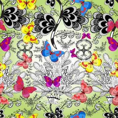 Tekstil, duvar kâğıtları, web sayfası arkaplanları ve yüzey dokuları için mükemmel. Vektör çizimi. Gri, nötr ve beyaz renklerde sevimli kelebek deseni. Tropikal temada kelebek çiçek deseni.