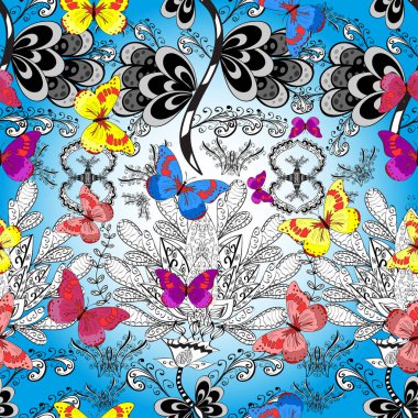 Kusursuz bir geçmişi var. Gri, beyaz ve mavi renkler üzerine bir resim. Soyut renkli güzel kelebek. Vektör illüstrasyonu.