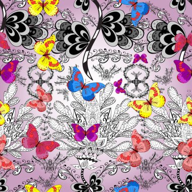 Duvar kağıtları, web sayfası geçmişi, yüzey dokuları, tekstil için mükemmel. Gri, nötr ve beyaz renkler üzerine kusursuz çiçek desenli arka plan. Resimler tropikal kelebeklerle birlikte.