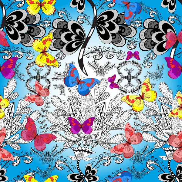 Gri Beyaz Mavi Arka Planda Uçan Güzel Kelebek Kumaş Tekstil — Stok fotoğraf