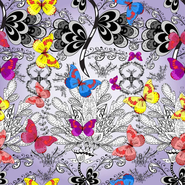 完美的纺织品 网页背景 表面纹理 白色和中性色彩的彩色蝴蝶的无缝背景 — 图库照片