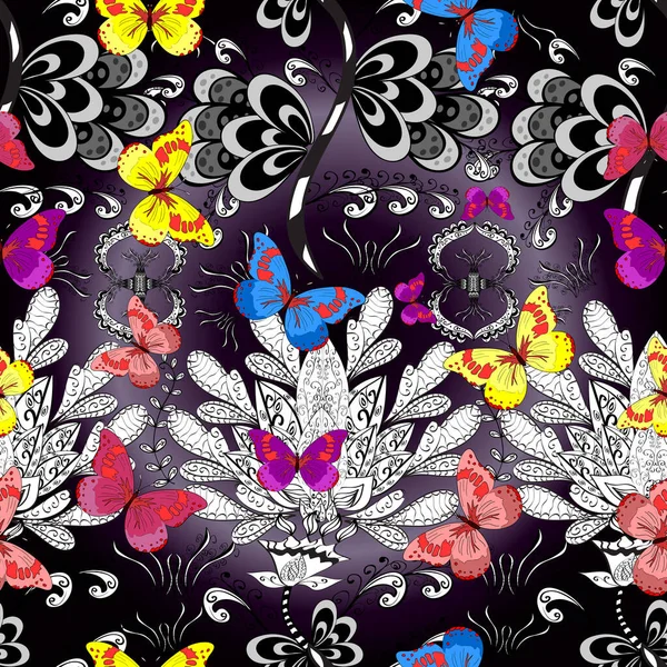Бесшовный Шаблон Предпосылки Ткани Текстиля Печати Приглашения Цветные Бабочки Черно — стоковое фото