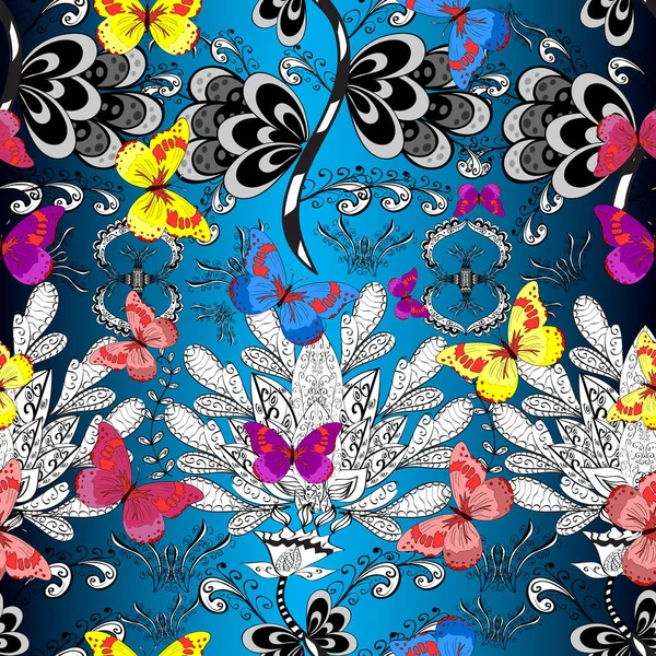 stock image Flying butterfly linen theme Repeating insect fabric clipart for garments. Simple feminine pattern for invitation, card, print. Contrast seamless butterfly cloth template on black, blue and white.