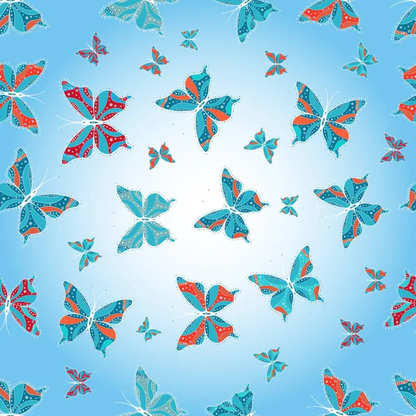 Nahtloses Muster Mit Schmetterling Auf Lila Rosa Und Blauen Hintergrund — Stockvektor