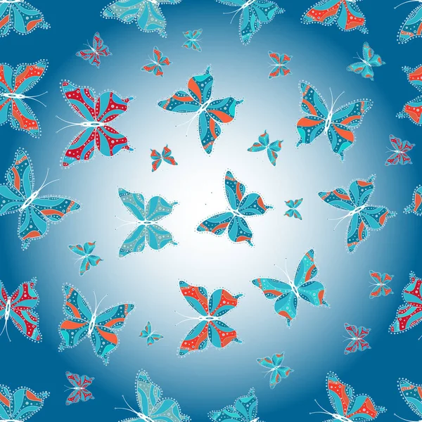 カラフルな蝶のシームレスな背景 ベクトルイラスト 中性と青の背景の上の装飾服のデザイン — ストックベクタ