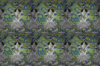 Raster illüstrasyonunda kusursuz çiçek deseni. Çiçekler yeşil, beyaz ve mavi renklerde.