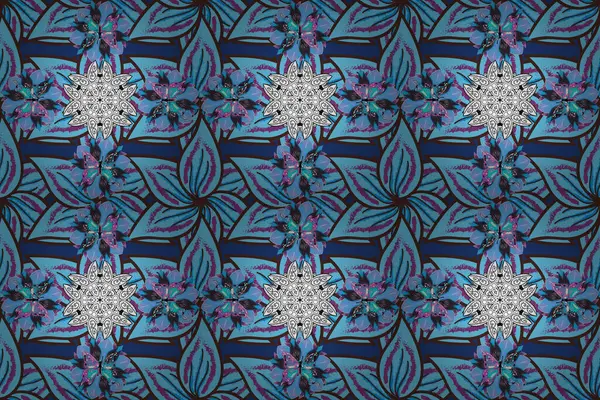 stock image Hand drawn seamless raster pattern with doodle leaves. Ink hand sketched shapes. Pattern on a brown, purple and blue colors.