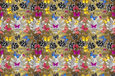 Raster illüstrasyonu. Çocuk için bahar paleti olan güzel raster kelebeği. Siyah, beyaz ve gri arkaplandaki suluboya kelebekler. Klasik tarzda..