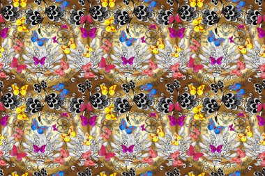 Beyaz, gri ve kahverengi soyut arka planda gece kelebekleri. Kusursuz. Kumaş, tekstil, baskı ve davetiye. Raster illüstrasyonu.