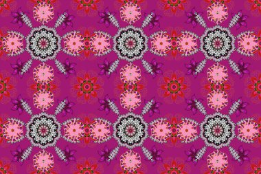 Beyaz, mor ve turuncu renklerde etnik çiçeklerle kusursuz bir desen. Asyalı Tekstil Çiçek İllüstrasyonu.