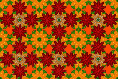 Mandala renkli arka plan. Arap Vintage dekoratif süsü. Raster Mandala deseni turuncu, kırmızı ve yeşil renklerde. Doğu, İslam.