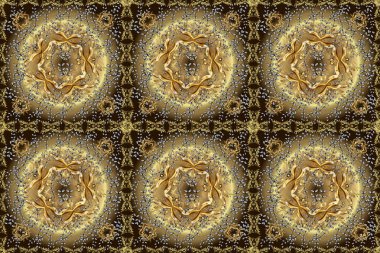 Bej, nötr ve kahverengi, altın elementlerle altın desenli. Çiçek kiremitleri. Kusursuz desenli oryantal süs. Raster altın tekstil baskısı. İslam tasarımı.