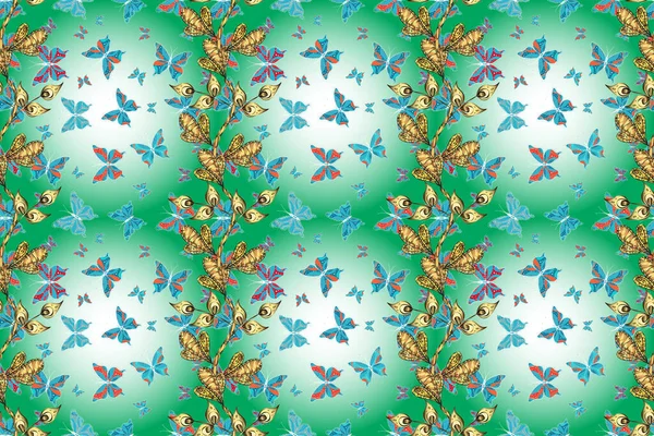 スケッチ スクリブル 衣類の生地のための虫の生地のClipartを繰り返し 終わりだ スケッチ 春蝶のテーマ 緑の美しいシームレス蝶の布の背景 — ストック写真