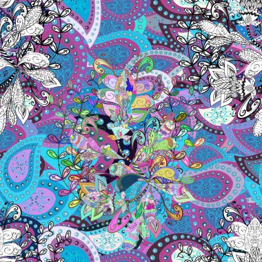 Soyut, etnik, kusursuz bir model. Kabile sanatı boho baskısı, klasik çiçek arkaplanı. Arkaplan dokusu, duvar kağıdı, çiçek teması beyaz, mavi ve nötr renklerde.