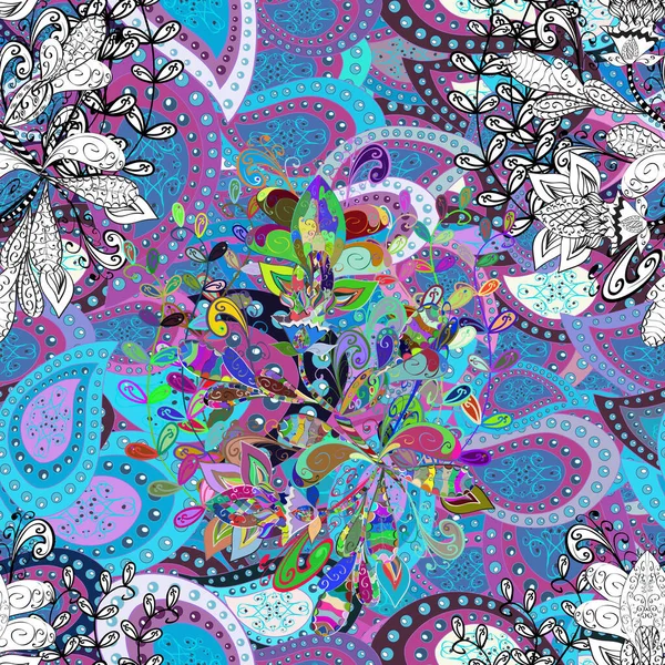 Beyaz, mor ve mavi renkte çiçekler. Düz Çiçek Elementleri Tasarımı. Kusursuz çiçek deseni moda oldu. Renkli Yaz Temalı Kusursuz Arkaplan.