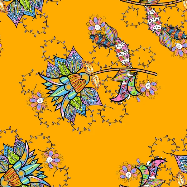 El çizimi çiçekli, soyut, pürüzsüz desen. Siyah, sarı ve mavi renkte çiçekler.