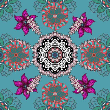 Çiçek kırmızısı, mavi ve beyaz desenli. Klasik taslak çizimi. Vektör çiçek izi. Vektör Yumuşak kumaş deseni.