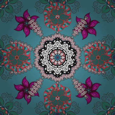 Düz Çiçek Elementleri Tasarımı. Çiçekler kırmızı, beyaz ve mavi renklerde. Vektör çizimi. Çiçekli, suluboya desenli kusursuz çiçek deseni. Renkli Bahar Teması Kusursuz Arkaplan.