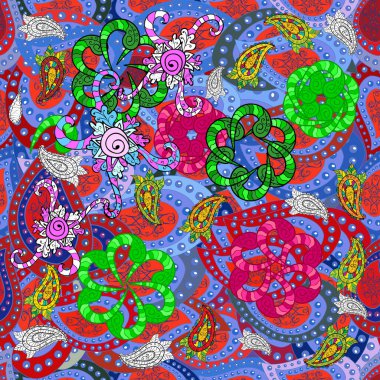 Renkli Bahar Temalı Kusursuz Arkaplan. Çiçeksiz desenli arka plan, yaz çiçekleri. Çiçekler kırmızı, mavi ve yeşil renklerde. Düz Çiçek Elementleri Tasarımı.