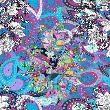 Şirin çiçek vektör deseni. Düz Çiçek Elementleri Tasarımı. Tarafsız, mavi ve beyaz renkte çiçekler. Renkli Bahar Teması Kusursuz Arkaplan.