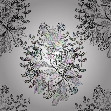 Suluboya, elle çizilmiş. Vektör çizimi. Gri, beyaz ve nötr renklerde yaprakları olan yabani çiçekler. Kusursuz arkaplan deseni.