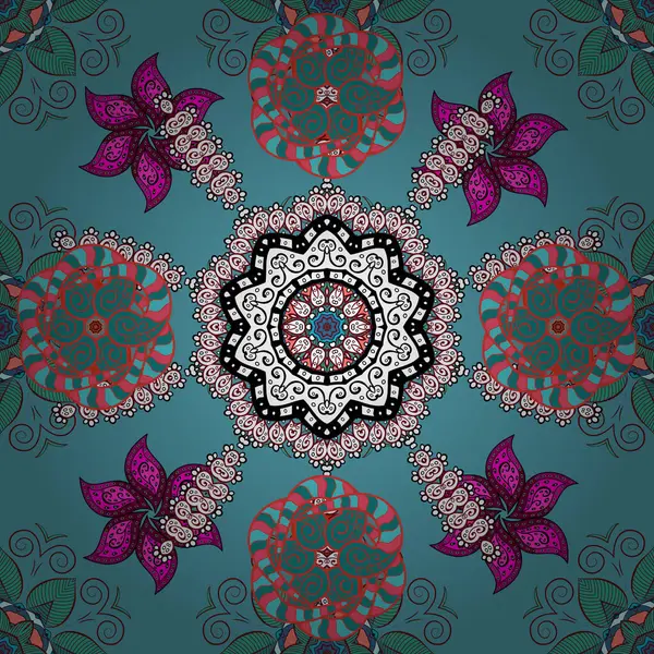 Düz Çiçek Elementleri Tasarımı. Çiçekler kırmızı, beyaz ve mavi renklerde. Vektör çizimi. Çiçekli, suluboya desenli kusursuz çiçek deseni. Renkli Bahar Teması Kusursuz Arkaplan.