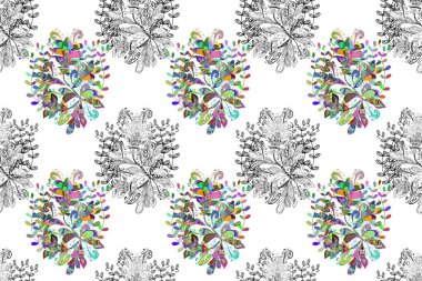 Çiçekle kusursuz desen. Düz Çiçek Elementleri Tasarımı. Çiçekler beyaz, gri ve siyah renklerde. Renkli Bahar Teması Kusursuz Arkaplan.