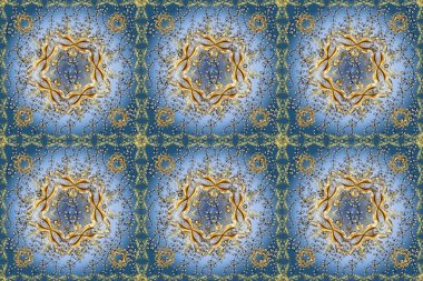 Kusursuz. Ambalajlar, duvar kağıtları, kumaş tasarımı ve kağıt için hoş bir arkaplan. Raster illüstrasyonu. Siyah, mavi ve nötr renklerde Art Deco Deseni. Eski model sanat tasarımı.