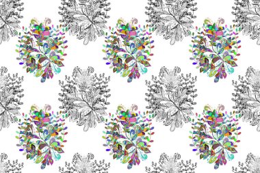 Çiçekle kusursuz desen. Düz Çiçek Elementleri Tasarımı. Çiçekler beyaz, gri ve siyah renklerde. Renkli Bahar Teması Kusursuz Arkaplan.