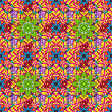 İşlemeli çiçekli, dikişsiz desen. Renkli grunge soyut arka planda Colomagenta, sarı ve yeşil çiçeklerle gelişir. İzler için doku, kumaş, duvar kağıtları, tekstil.