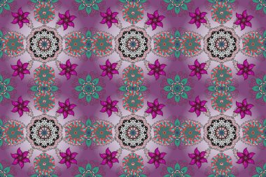 Hediye ambalaj kağıdı, tebrik kartları, posterler ve pankart tasarımı. Mor, mavi ve nötr renkte çiçekler. Raster düz çiçekleri pürüzsüz desen.