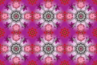 Şirin tekstil çiçekleri. Turuncu, mor ve nötr renklerdeki etnik çiçeklerin pürüzsüz deseni.