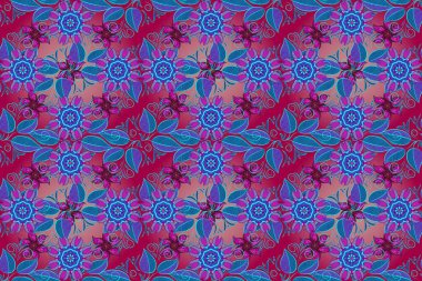 Raster illüstrasyonu. Mor, pembe ve mavi kıvırcık çiçekler mor, pembe ve mavi renklerde. Klasik çiçek tasarım elementleri.