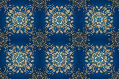 Altın çiçekli, pürüzsüz desen. Mavi, beyaz ve bej renklerde altın bir element. Damask arkaplanı. Barok tarzında altın çiçekli süs..