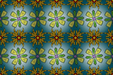 Çiçeklerle suluboya desenli çiçek deseni. Raster illüstrasyonu. Siyah, sarı ve mavi renkli güzel tekstil..