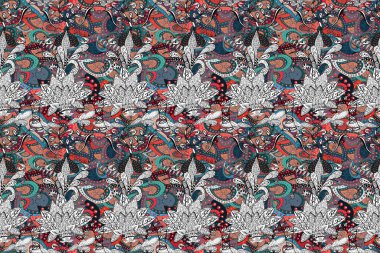 Raster Güzel kumaş deseni. Raster suluboya çiçek deseni, narin çiçekler, mavi, siyah ve beyaz çiçekler, tebrik kartı şablonu.