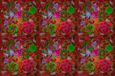 Kırmızı, turuncu ve yeşil renkte çiçekler. Raster illüstrasyonunda kusursuz çiçek deseni.