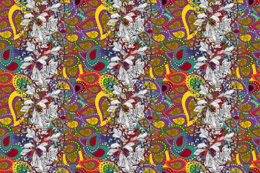 Düz Çiçek Elementleri Tasarımı. Sevimli çiçek raster deseni. Kırmızı, yeşil ve beyaz renkte çiçekler. Renkli Yaz Temalı Kusursuz Arkaplan.