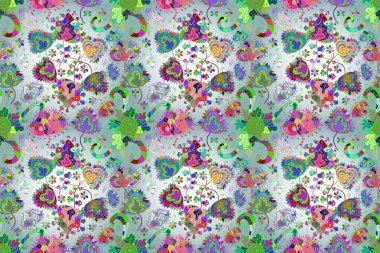 Çiçek arkaplan. Çiçek duvar kâğıdı. Mavi, nötr ve yeşil renklerde şirin tekstil tarzında. Raster illüstrasyonu. Renkli, pürüzsüz desen.