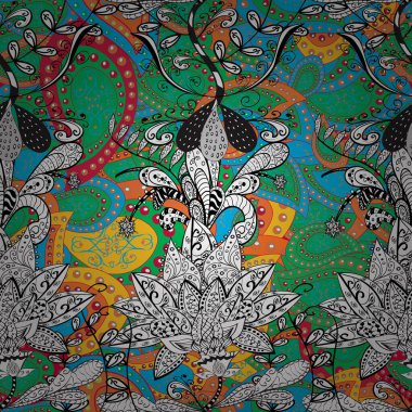 Vektör çizimi. Çiçekli karalama şeklinde vektör deseni. Yumuşak, bahar çiçekleri siyah, yeşil ve beyaz renklerde.