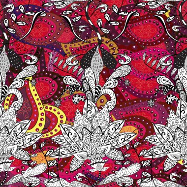 Vektör - stok. Kusursuz bir arka plan modeli. Yapraklı çiçekler ve kırmızı, siyah ve beyaz renkte papatya çiçekleri..