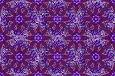 Pürüzsüz desenler, parlak çiçekli halı, siyah, mor ve mor renkler..