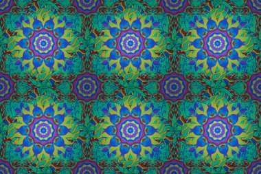 Soyut süs eşyasıyla kusursuz bir desen. Çocukça bir mandala ile raster yuvarlak. Süslü karalama yeşil, sarı ve mavi renkler.