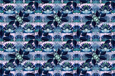 Tropik çiçekler. Tişörtsüz arka plan deseni. Tarafsız, mavi ve gri renkte çiçekler.