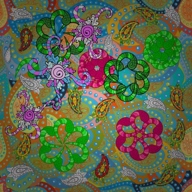 Yeşil, mavi ve sarı renkli şirin tekstil tarzında. Çiçek duvar kâğıdı. Çiçek arkaplan. Vektör çizimi. Renkli, pürüzsüz desen.