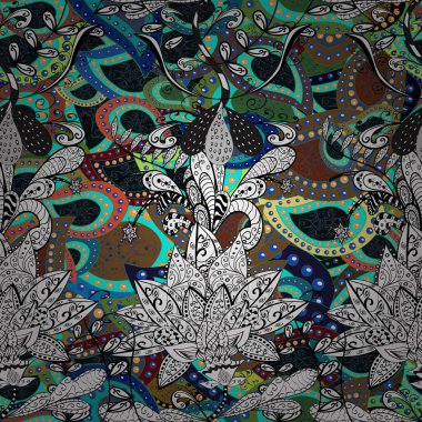 Çiçeksiz desenli arka plan. Çiçekler beyaz, mavi ve gri renklerde. Düz Çiçek Elementleri Tasarım Vektörü illüstrasyonu. Renkli Bahar Teması Kusursuz Arkaplan.