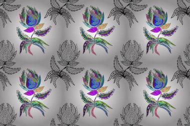 Sevimli, pürüzsüz desenli, küçük çiçekli, klasik tarzda. Moda arka planında parlak buketler. Kumaş, duvar kağıdı ve kağıt üzerine baskı yapmak için gelişen arka plan. Raster illüstrasyonu.