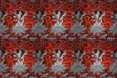 Beyaz, siyah ve kırmızı renklerde etnik çiçeklerle kusursuz bir desen. Asya Tekstil 'inde Raster Çiçek İllüstrasyonu.