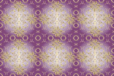 Çiçek kiremitleri. Raster altın tekstil baskısı. İslam tasarımı. Kusursuz desenli oryantal süs. Altın desenli sarı, mor ve nötr altın elementli.