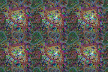 Çiçeksiz desenlerin resmi. Vadinin çiçekleri yeşil, mavi ve pembe renklerde.